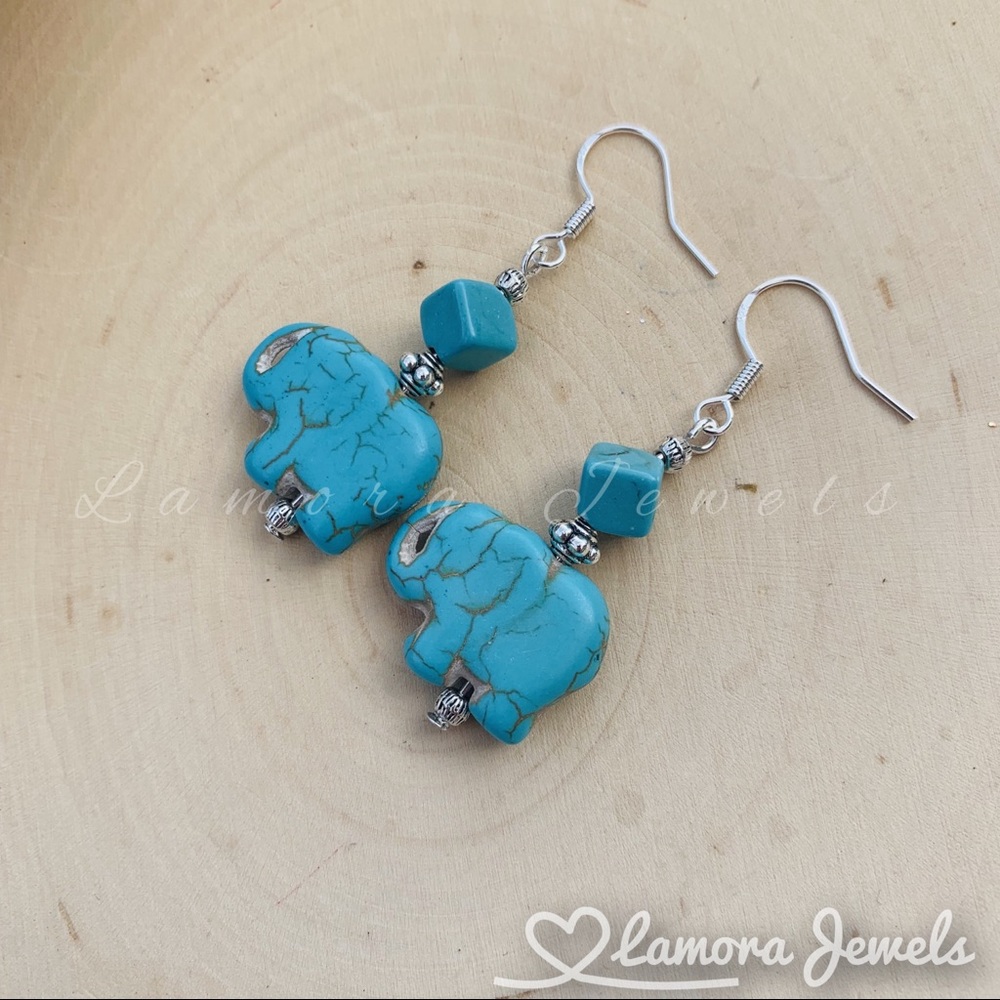 TURQUOISE Elephant Drop Silver Earrings Boho Style